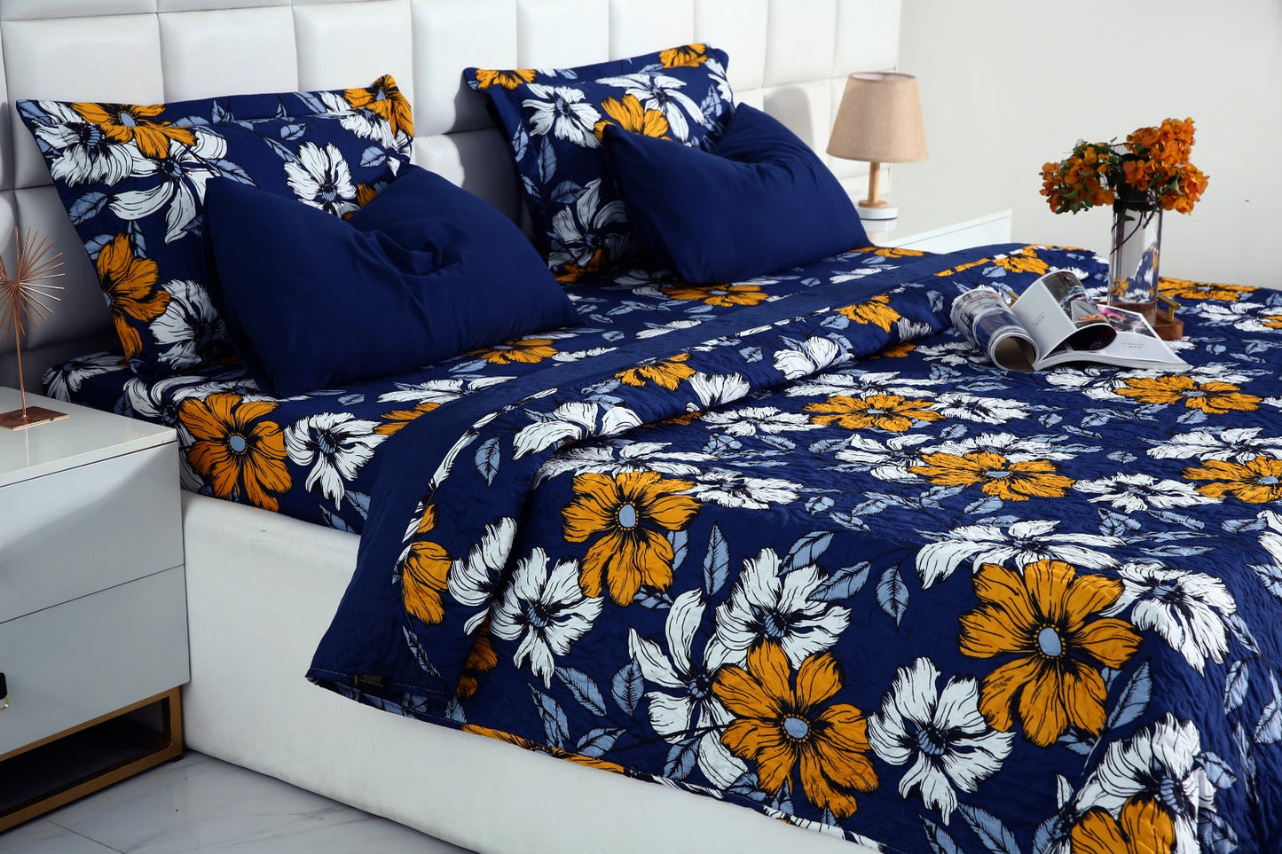 6 PCs Printed Bed Spread Set-White Flower Bed Spread Apricot