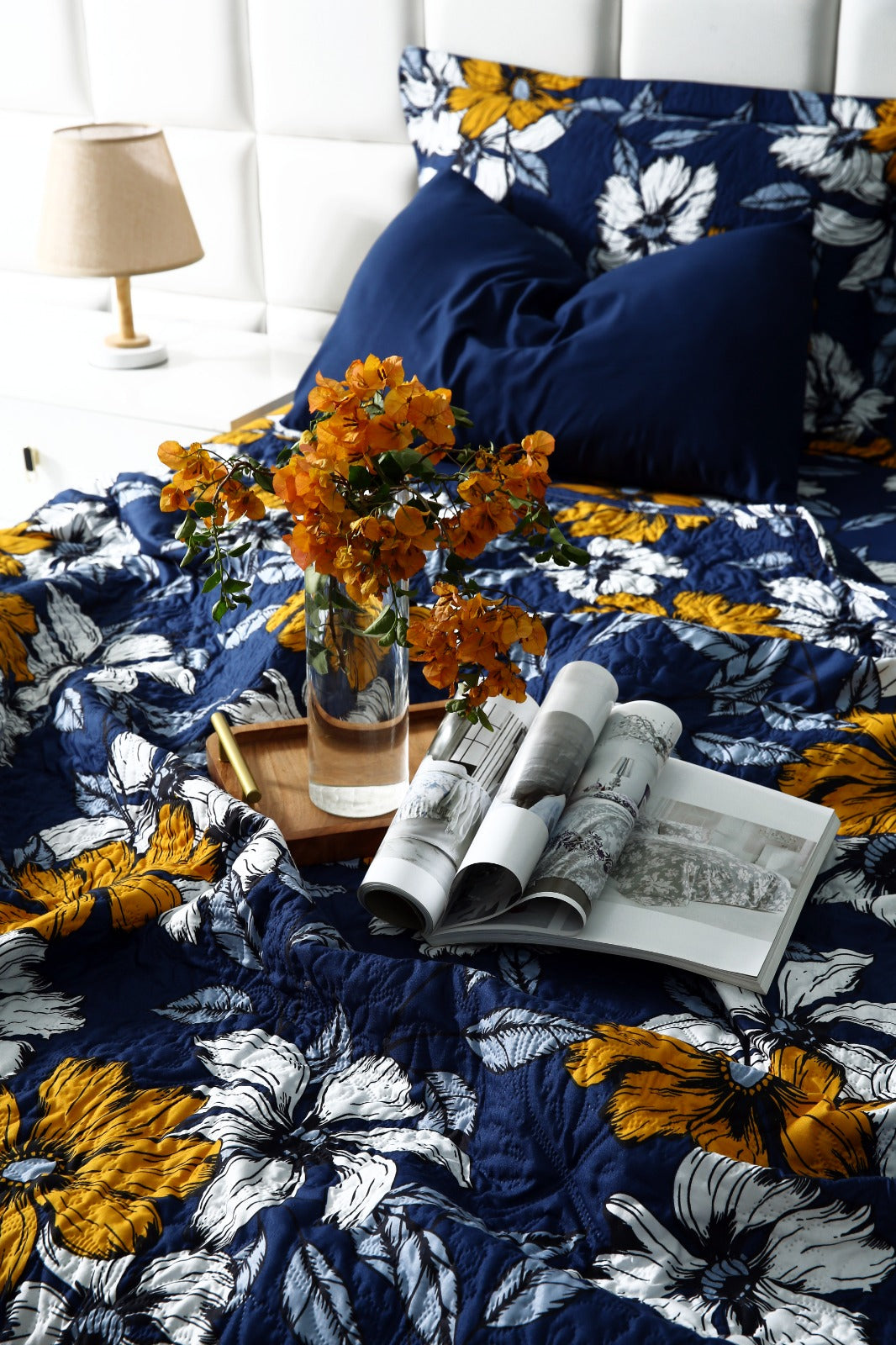 6 PCs Printed Bed Spread Set-White Flower Bed Spread Apricot