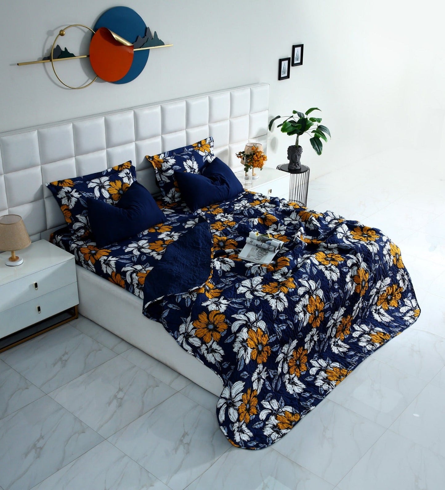 6 PCs Printed Bed Spread Set-White Flower Bed Spread Apricot