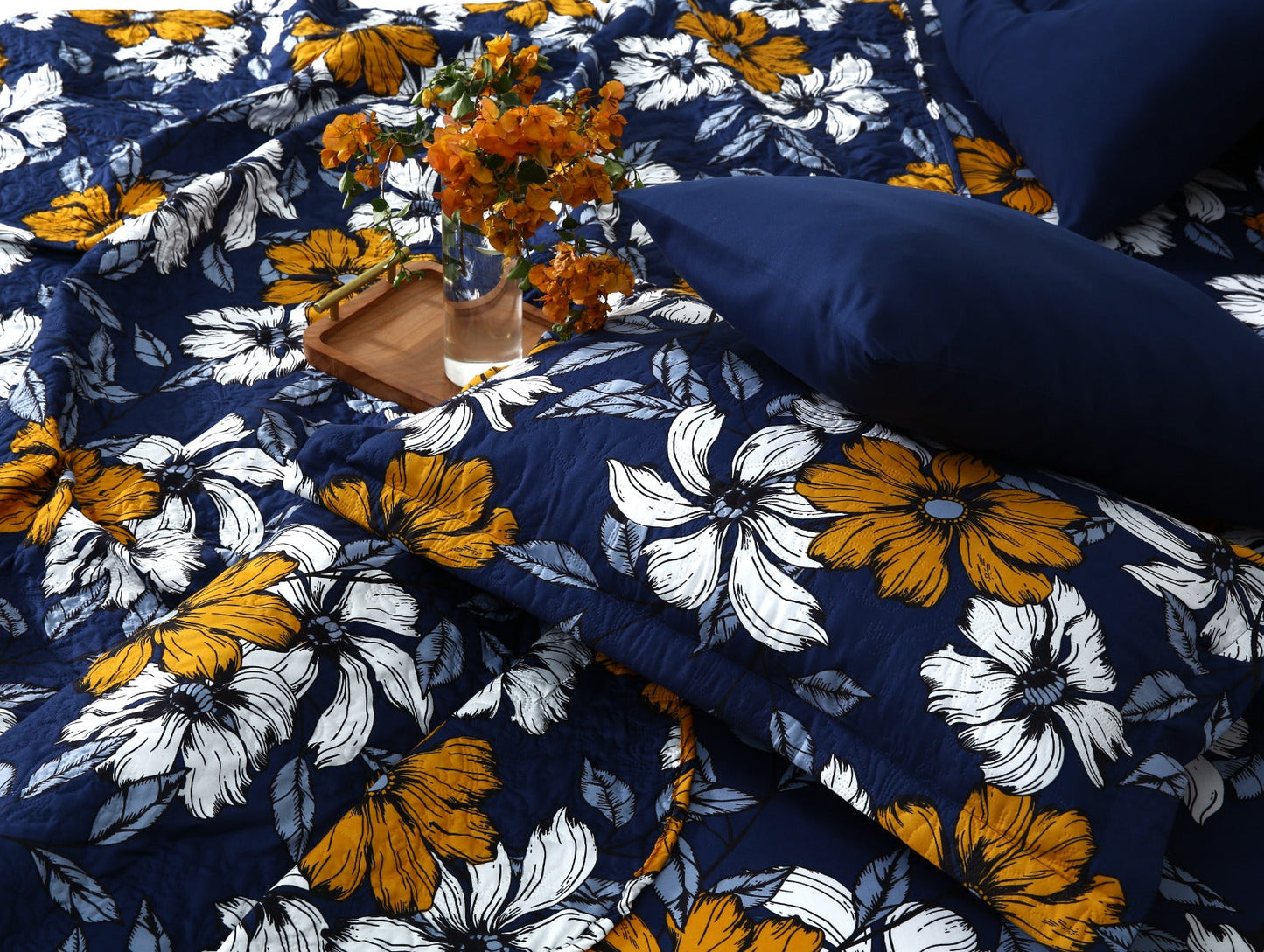 6 PCs Printed Bed Spread Set-White Flower Bed Spread Apricot