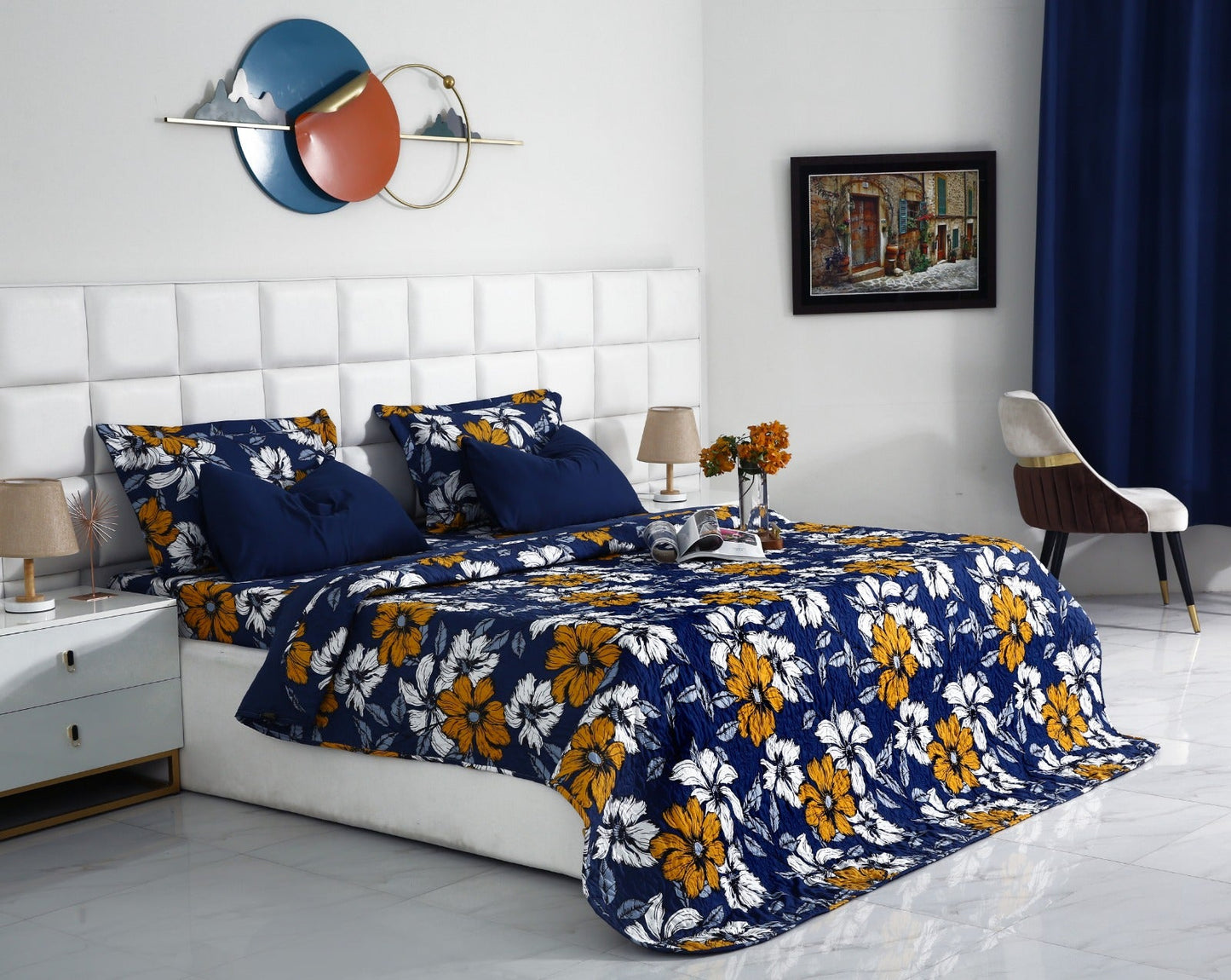 6 PCs Printed Bed Spread Set-White Flower Bed Spread Apricot