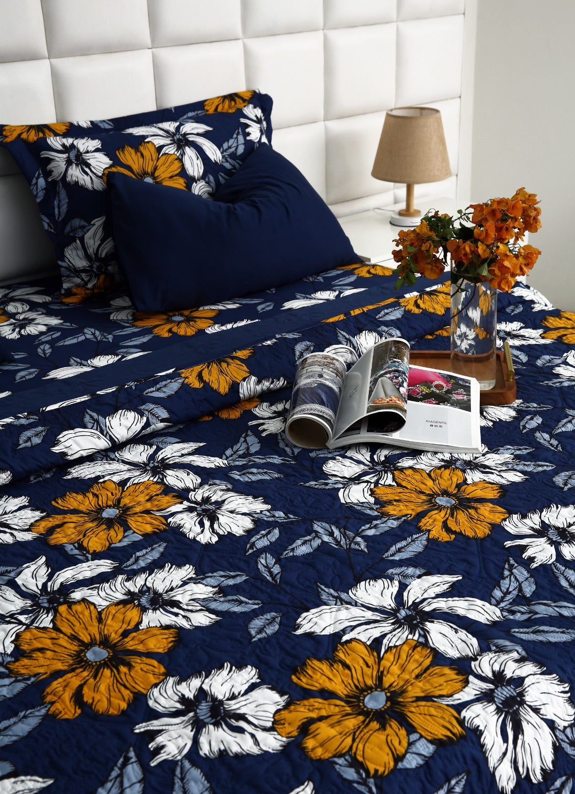 6 PCs Printed Bed Spread Set-White Flower Bed Spread Apricot