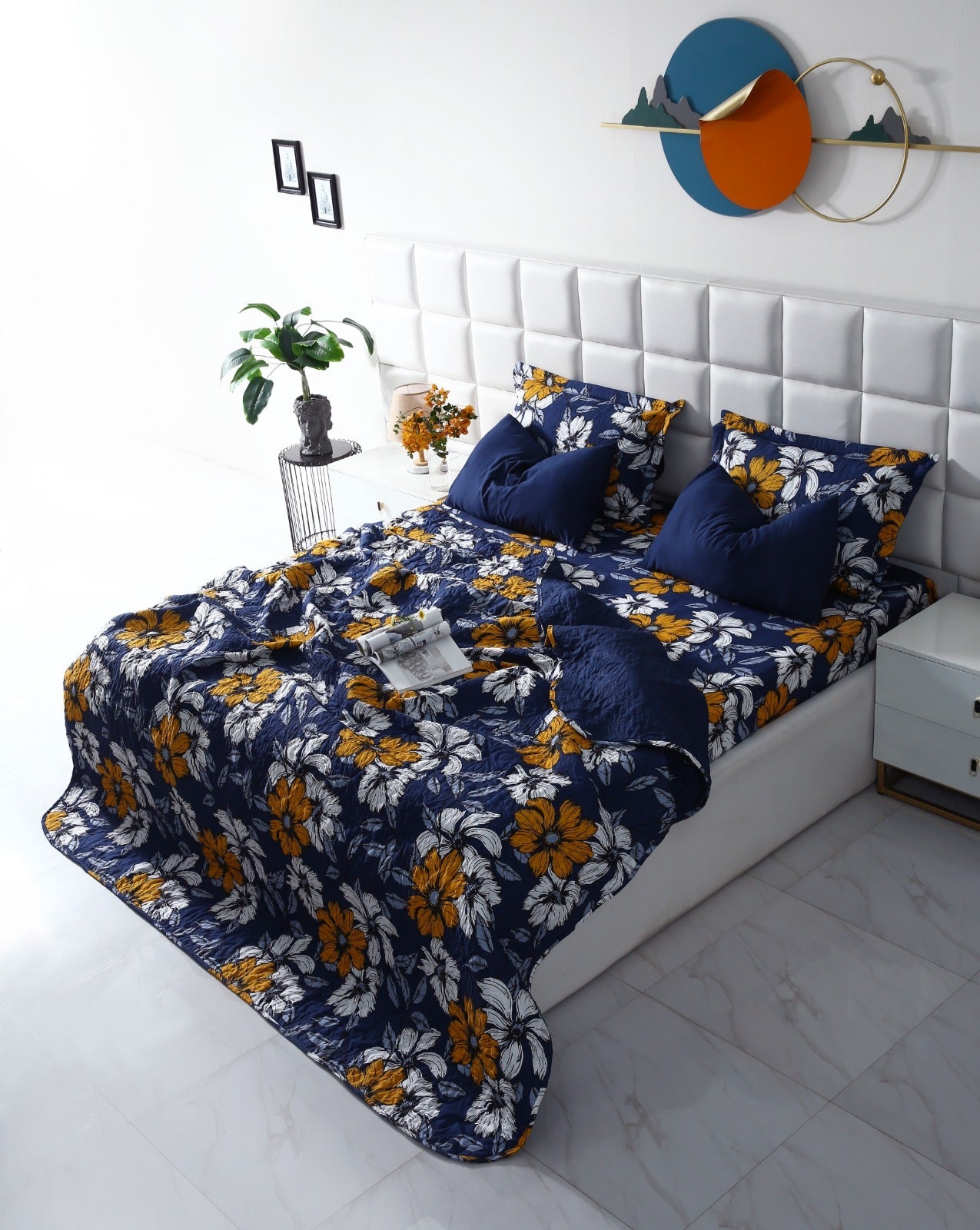 6 PCs Printed Bed Spread Set-White Flower Bed Spread Apricot