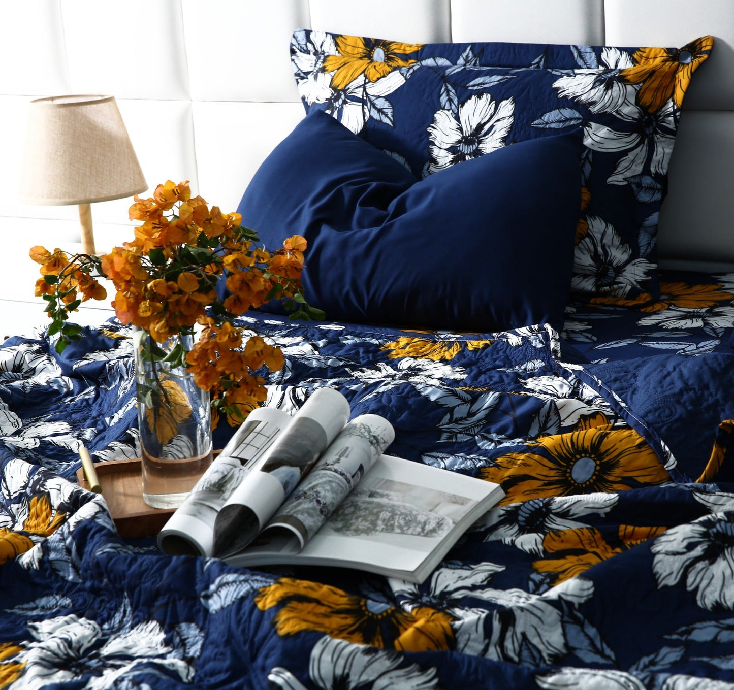 6 PCs Printed Bed Spread Set-White Flower Bed Spread Apricot