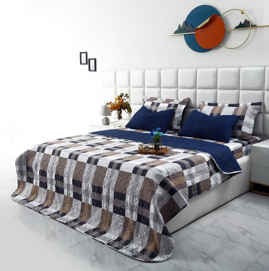 6 PCs Printed Bed Spread Set-Brown Check Bed Spread Apricot