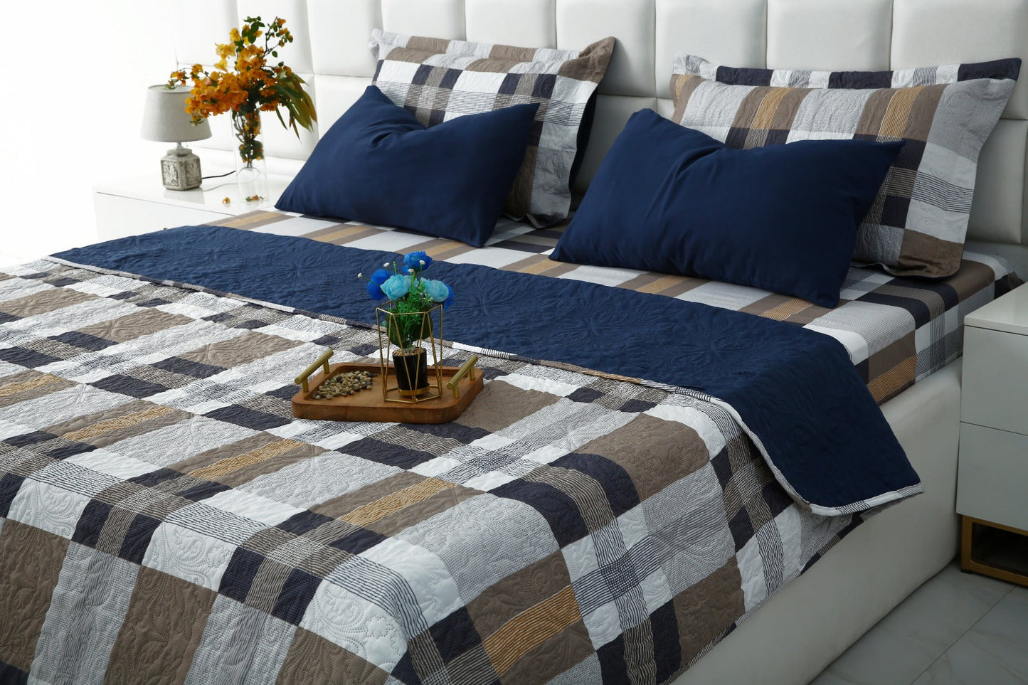 6 PCs Printed Bed Spread Set-Brown Check Bed Spread Apricot