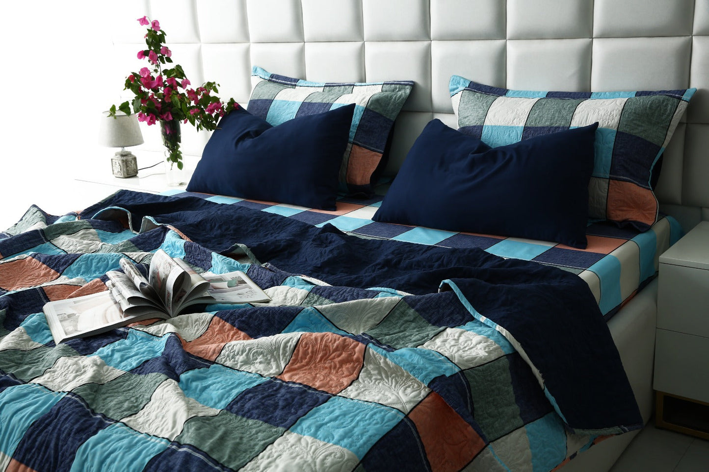 6 PCs Printed Bed Spread Set-Pastel Check Bed Spread Apricot