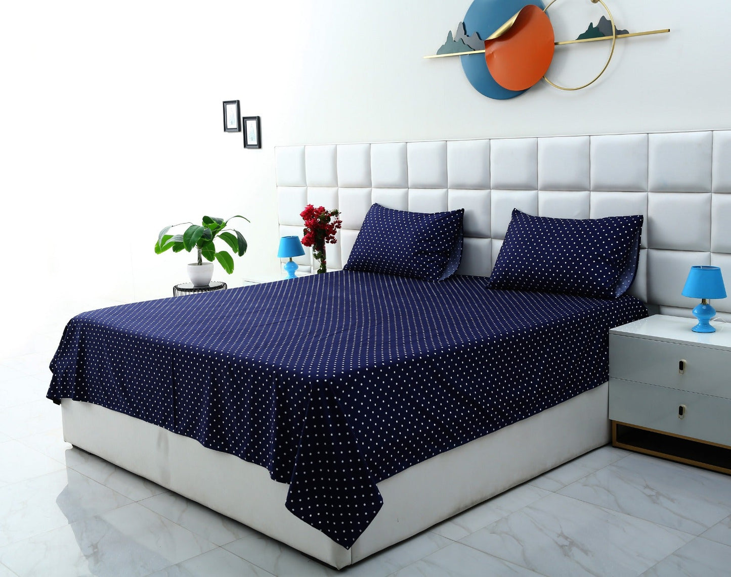 3 PCs Double Bed Sheet- Blue Polka BED SHEET Apricot