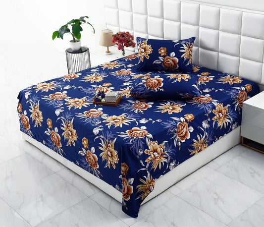 3 PCs Double Bed Sheet-Ethnic Flowers Bed Sheets Apricot