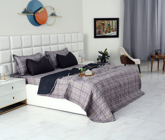 6 PCs Printed Bed Spread Set-Multi Check Bed Spread Apricot