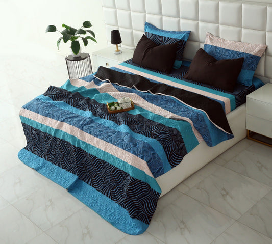 6 PCs Printed Bed Spread Set-Aqua Blue Bed Spread Apricot
