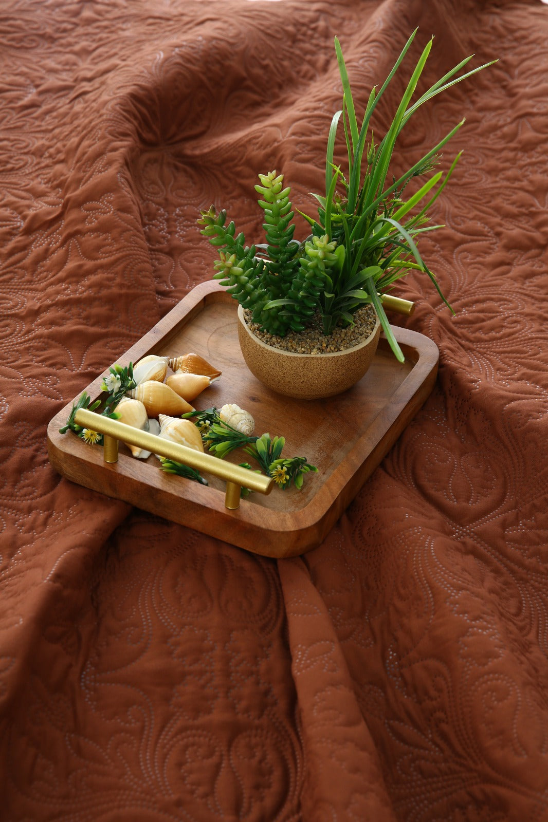 6 PCs Dyed Bed Spread Set-Brown(With Reverse Brown stripes) Bed Spread Apricot