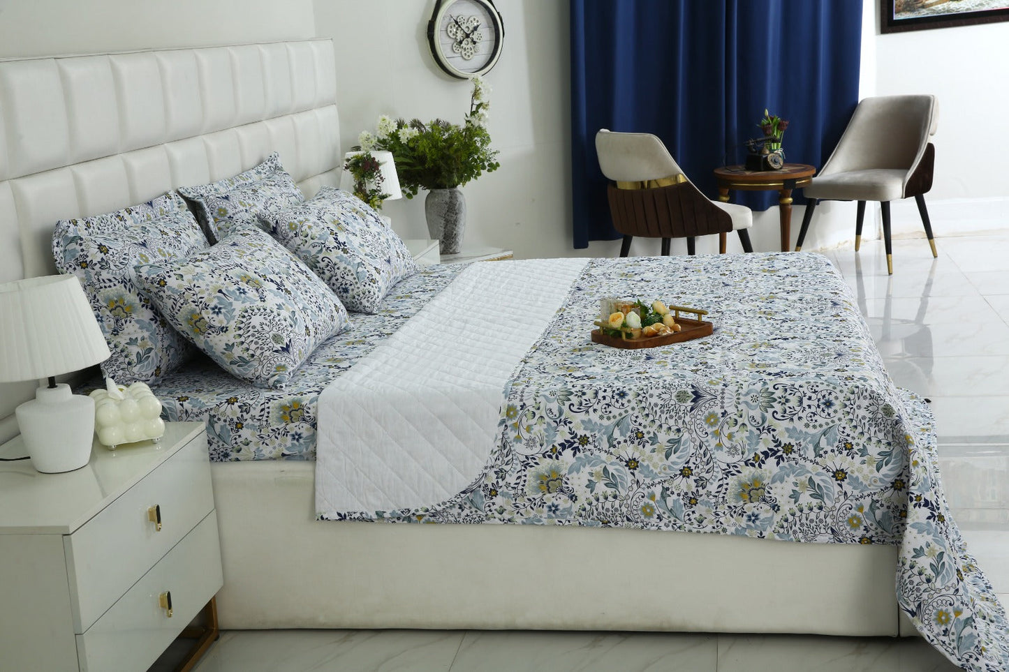 6 PCs Luxury Bed Spread Set-Blue Daisy Bed Spread Apricot