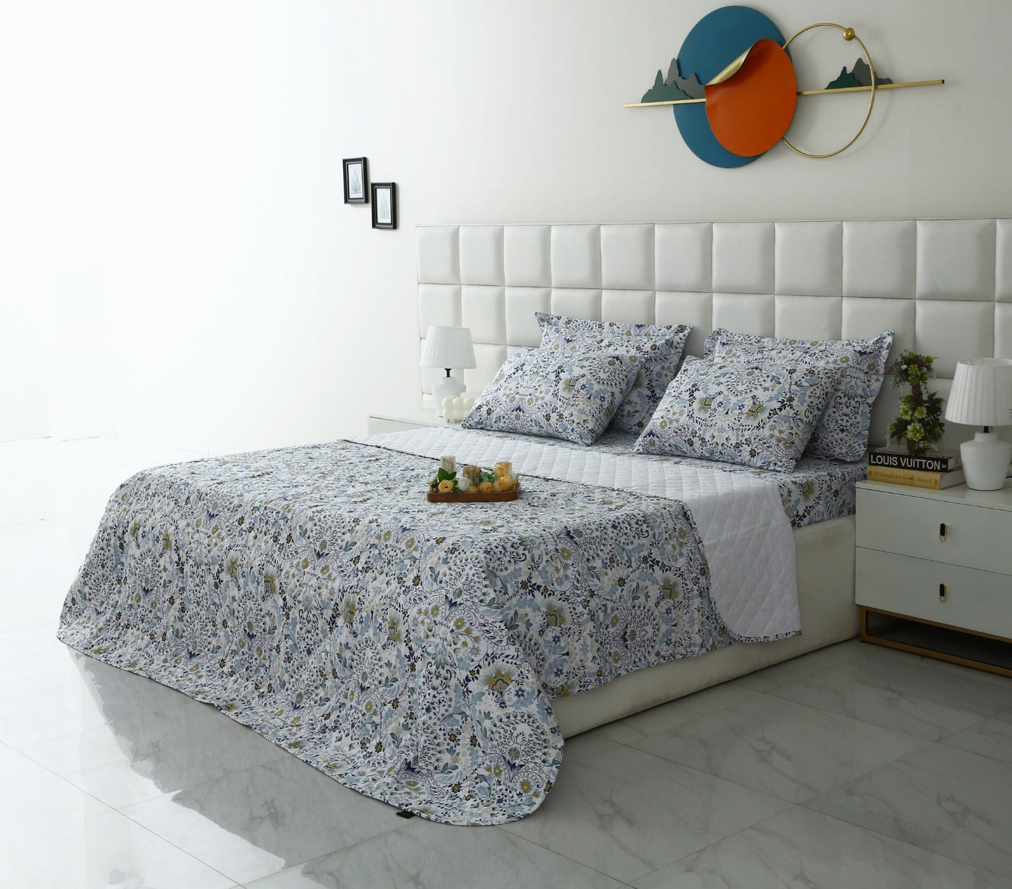 6 PCs Luxury Bed Spread Set-Blue Daisy Bed Spread Apricot