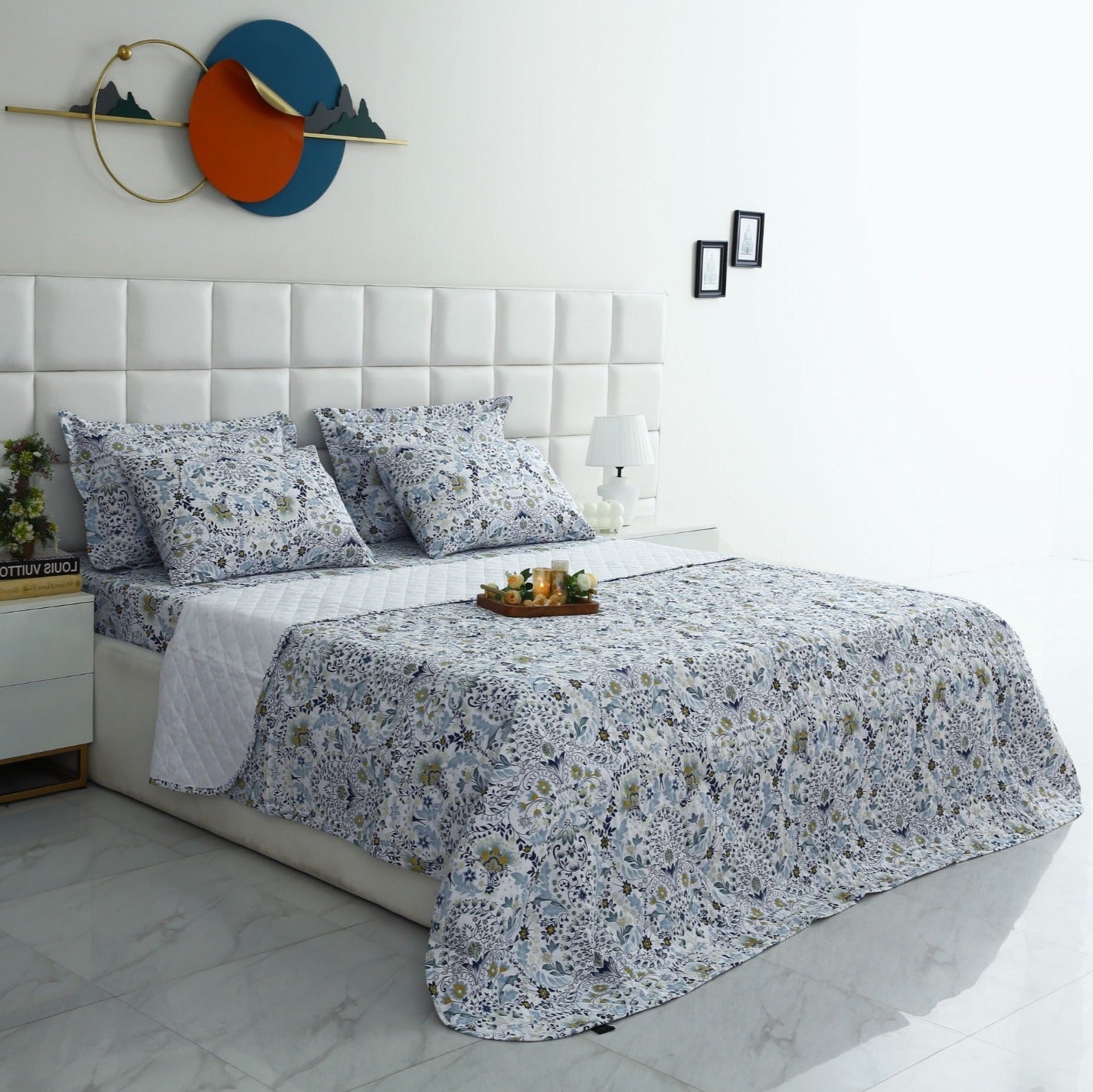 6 PCs Luxury Bed Spread Set-Blue Daisy Bed Spread Apricot