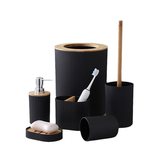 Wooden Lid PVC Bathroom Accessory Set-Stripes With Open Lid(Black) Bathroom Accessory Sets Apricot