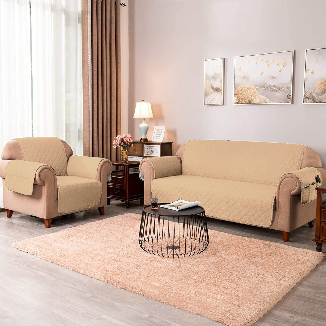 Quilted Sofa Cover-Beige Sofa Cover Apricot