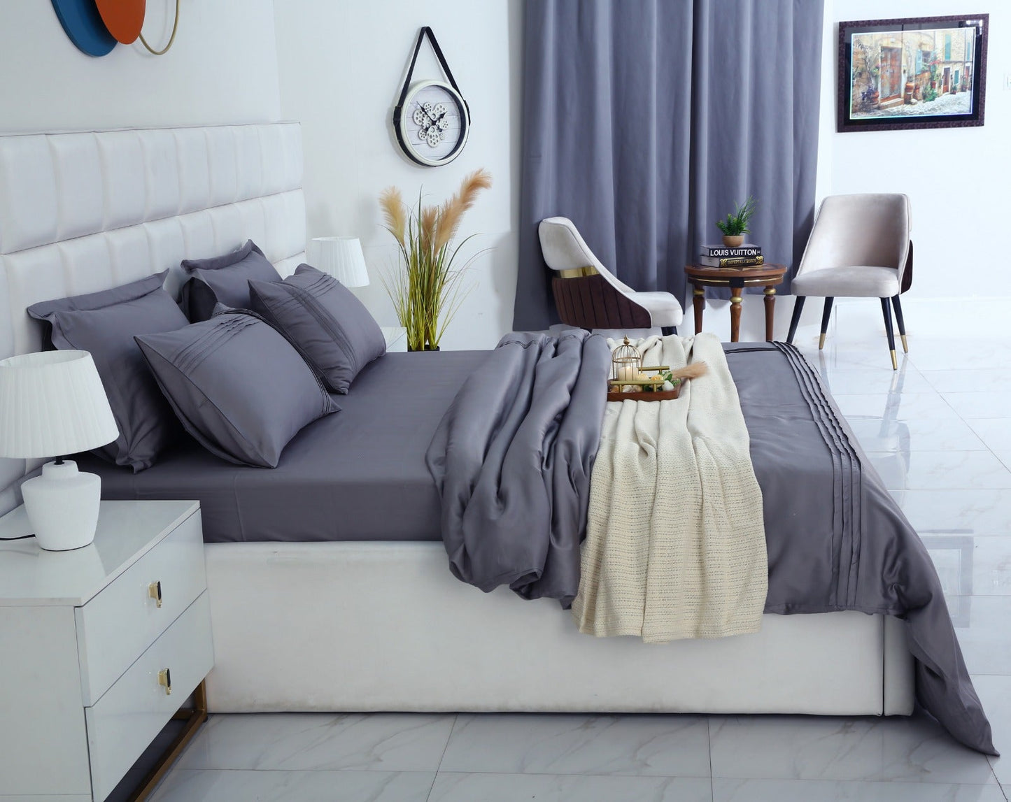 6 PCs Luxury Satin Dyed Duvet Cover Set-Grey Duvet Cover Apricot