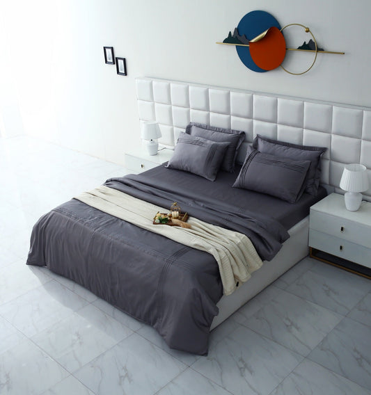 6 PCs Luxury Satin Dyed Duvet Cover Set-Grey Duvet Cover Apricot