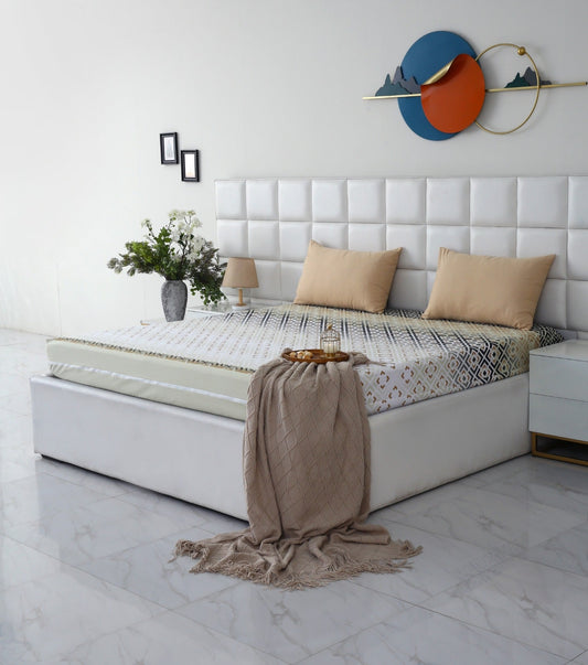 Zipper Mattress Cover Printed-Beige Square Protectors Apricot