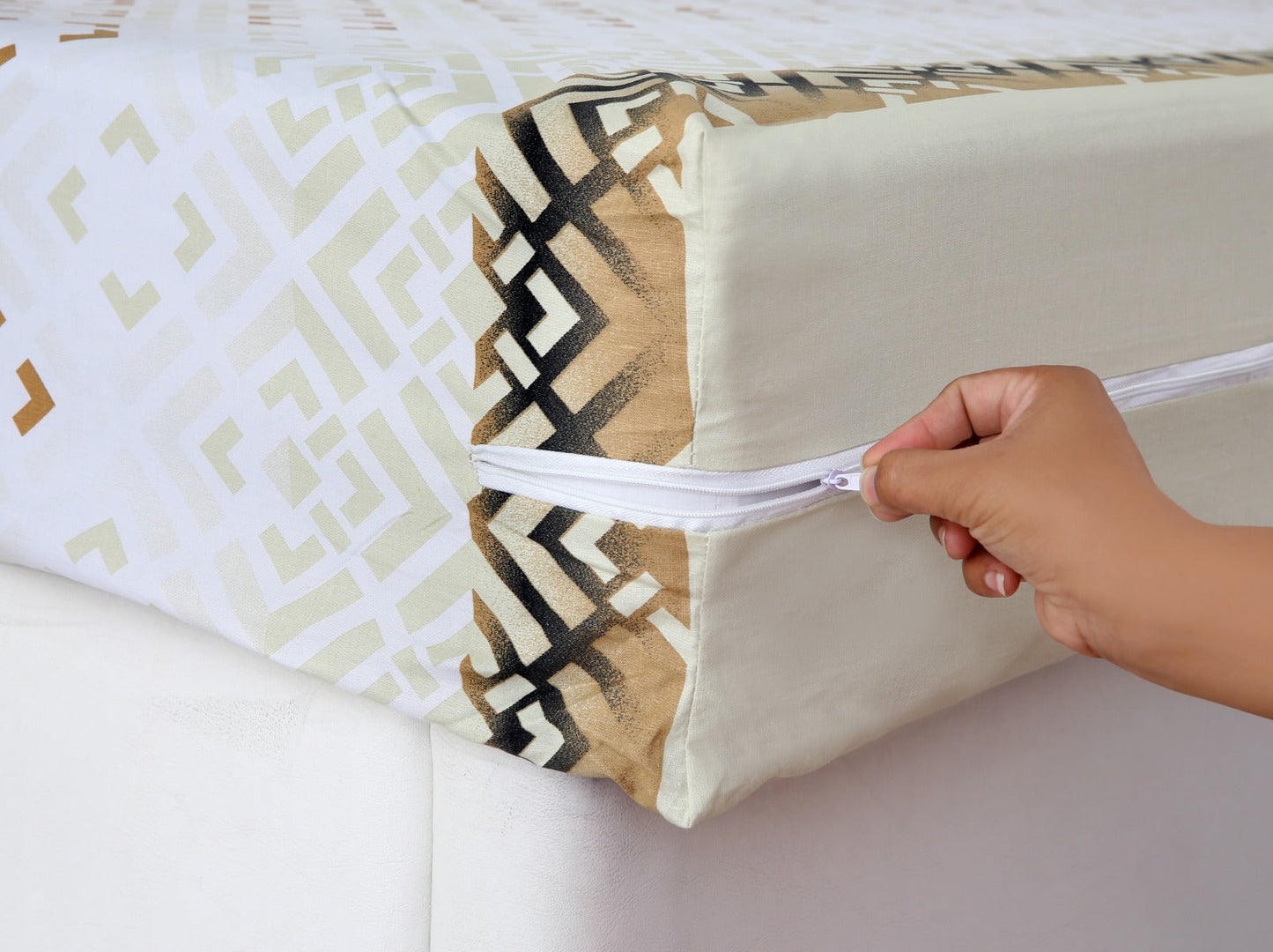 Zipper Mattress Cover Printed-Beige Square Protectors Apricot