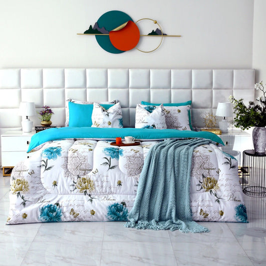 8 PCs Winter Razai Set-Blue Flowers Comforters Apricot