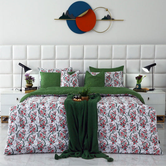 8 PCs Winter Razai Set-Emerald Blooms Comforters Apricot