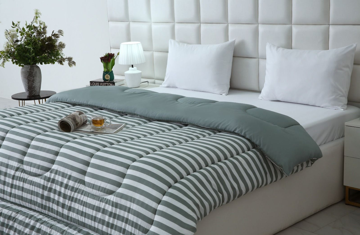 1 PC Double Winter Comforter-Green Bold Stripes Comforters Apricot