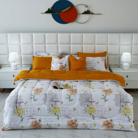 8 PCs Winter Razai Set-Mustard Flowers Comforters Apricot
