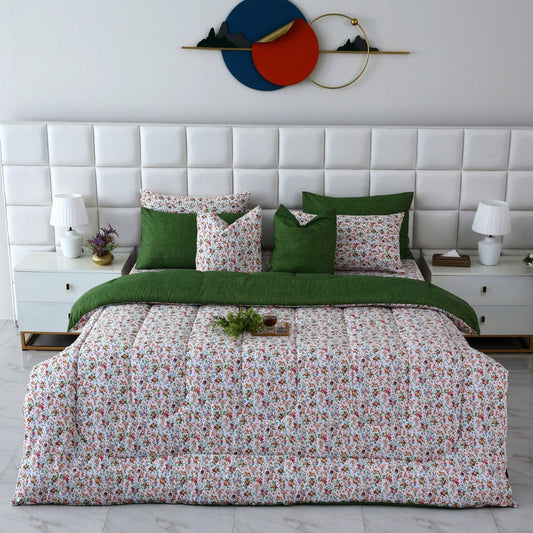 8 PCs Winter Razai Set-Green Hellebore Comforters Apricot