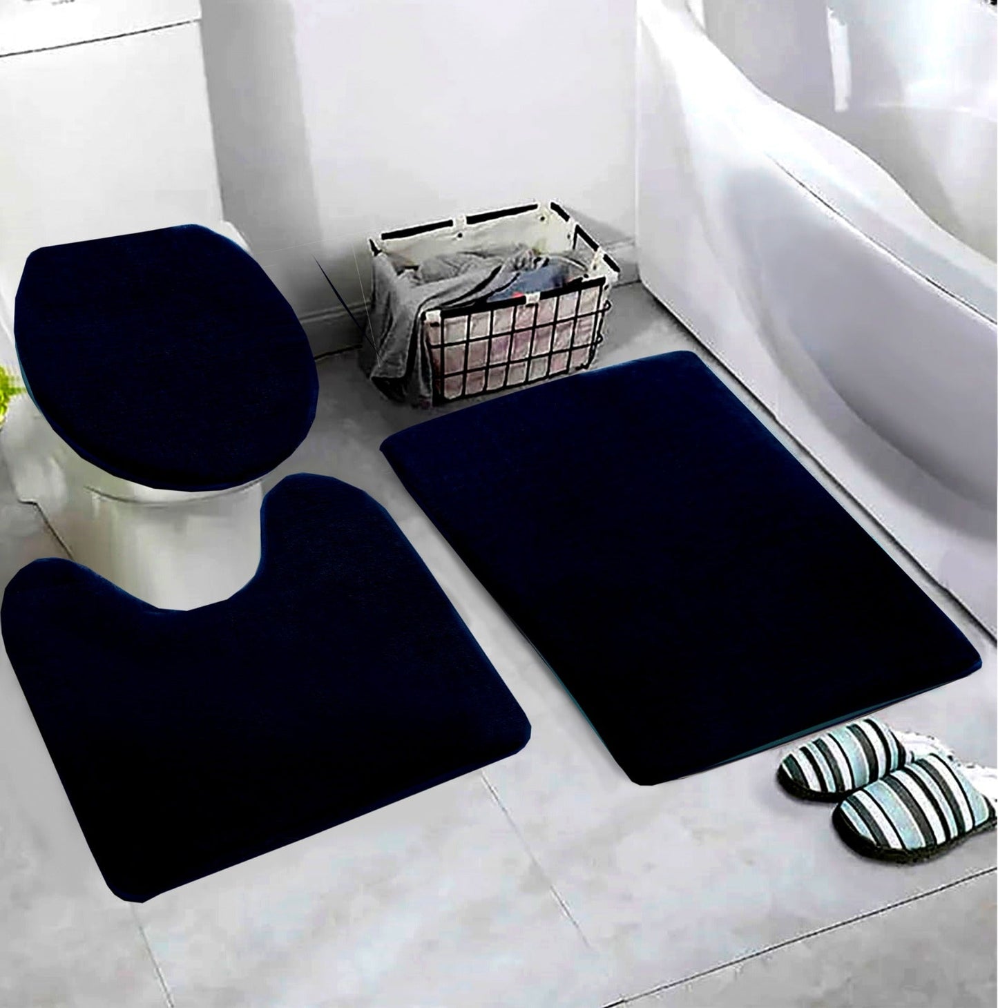 3 PCs Non Skid Suction Mat(SA2408-322)-Navy Blue(Fleece) Bath Mats Apricot