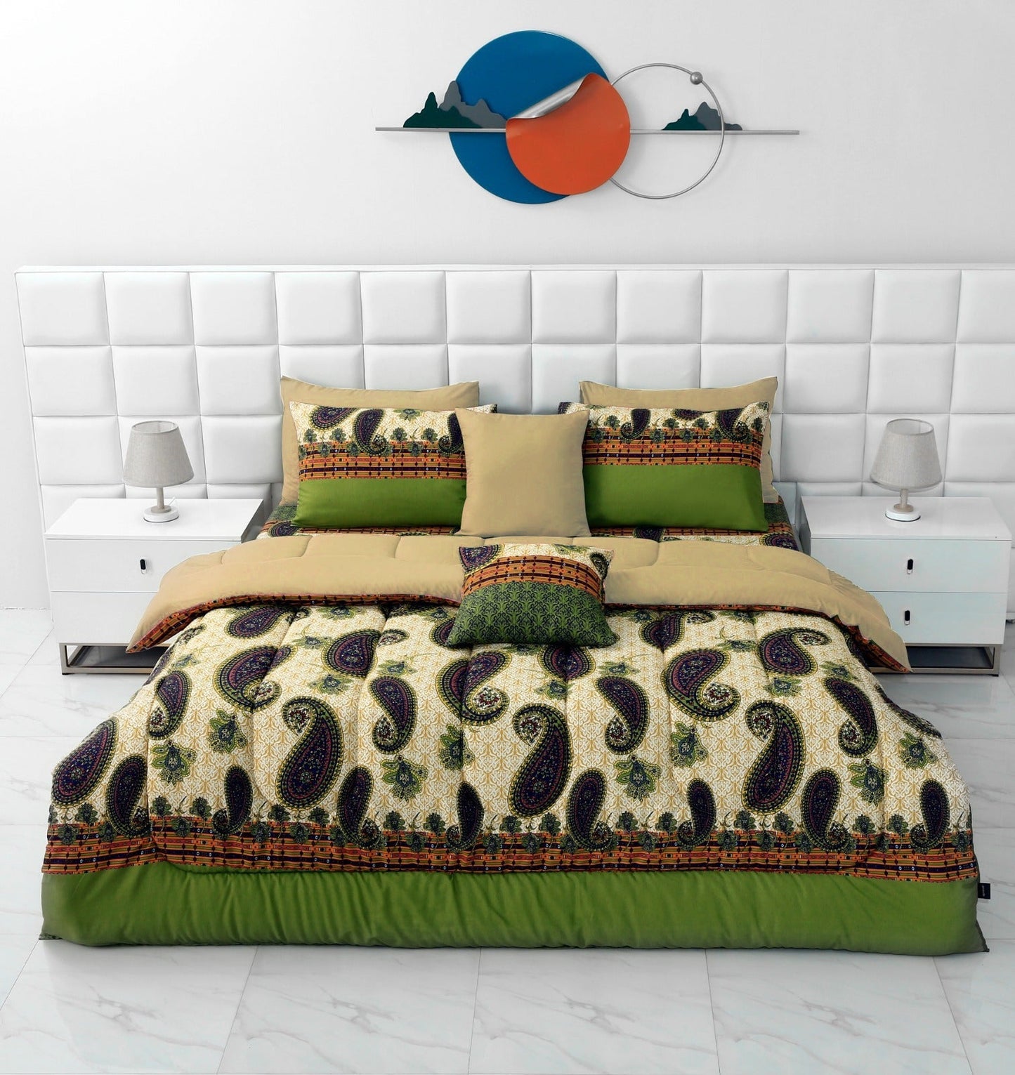 8 PCs Winter Razai Set-Green Paisley(With Beige Reverse) Comforters Apricot