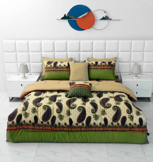 8 PCs Winter Razai Set-Green Paisley(With Beige Reverse) Comforters Apricot