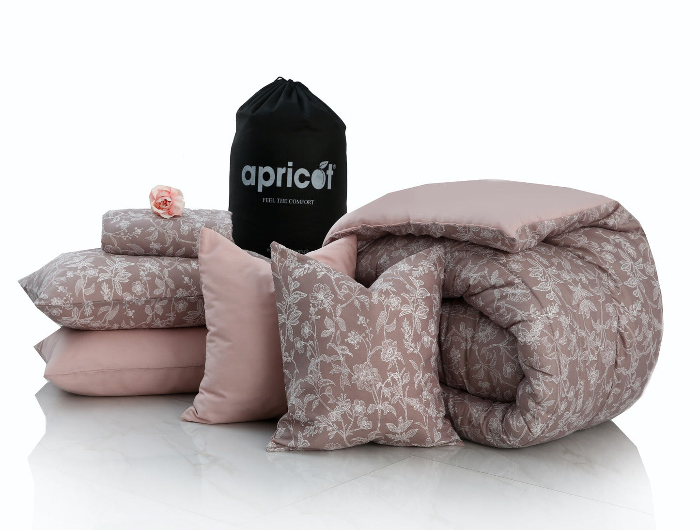 8 PCs Winter Razai Set-White Peonies Comforters Apricot