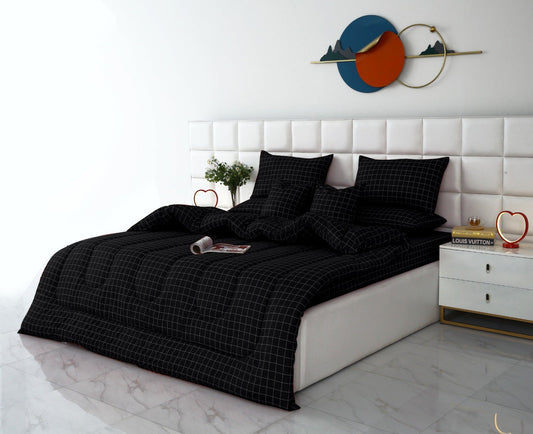 8 PCs Winter Comforter Set-Black Check Comforters Apricot