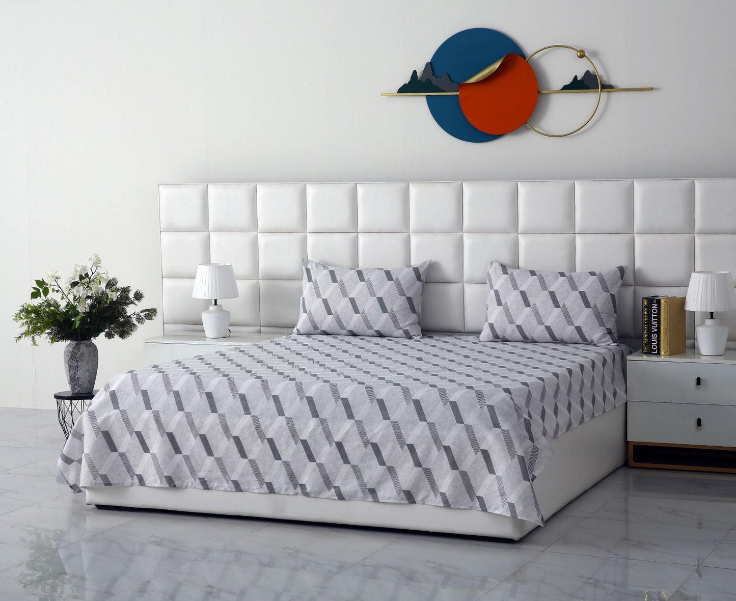 3 PCs Double Bed Sheet-Sliver Triangles Bed Sheets Apricot