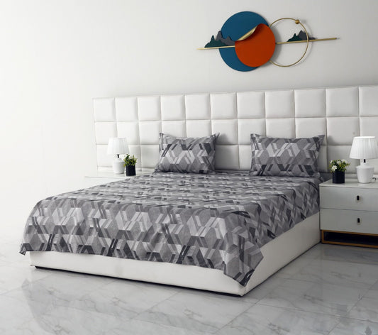 3 PCs Double Bed Sheet-Grey Triangles Bed Sheets Apricot