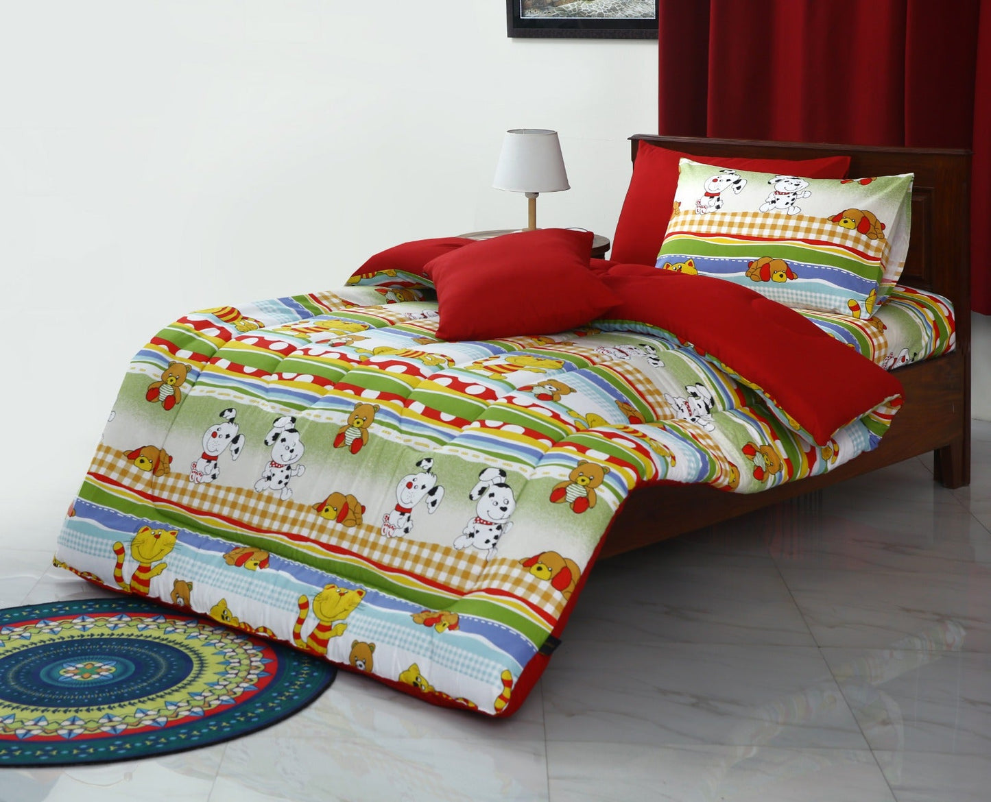 5 PCs Single Comforter Set-Puppies Party(With Red Reverse)