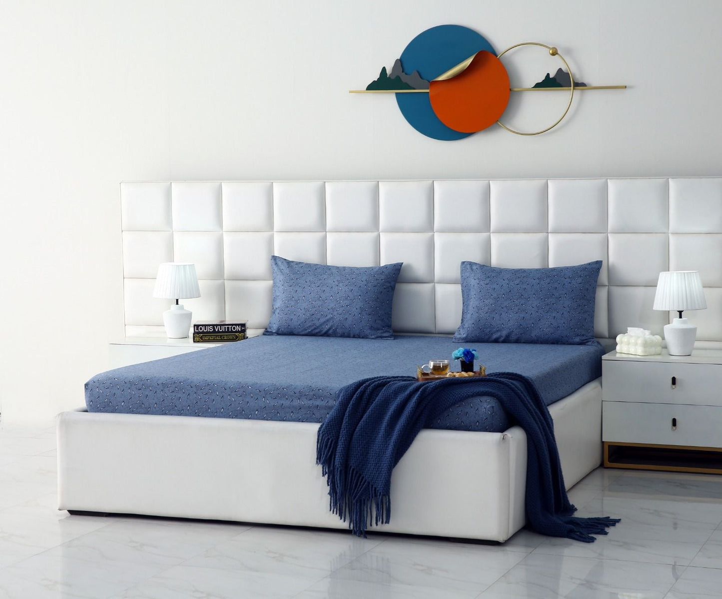 Fitted Bed Sheet-Raincloud Blue Feathers Fitted Sheets Apricot