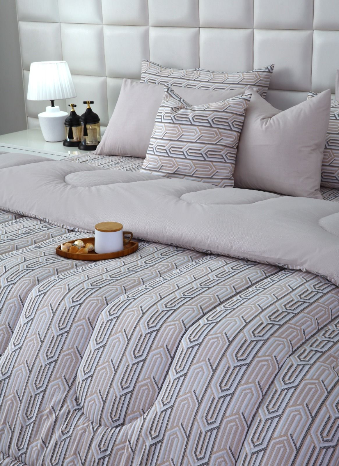 8 PCs Winter Razai Set-Beige Shapes Comforters Apricot