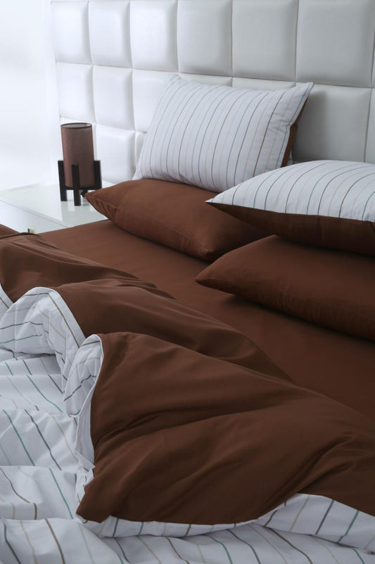 6 PCs Quilt Cover Set-Brown Stripes Duvet Cover Apricot