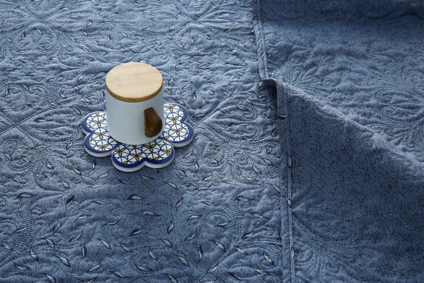 6 PCs Bed Spread Set- Raincloud Blue Feathers Bed Spread Apricot
