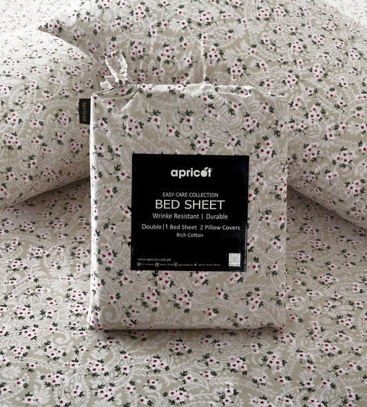 3 PCs Double Bed Sheet With Same Packing- Green Tiny Bed Sheets Apricot