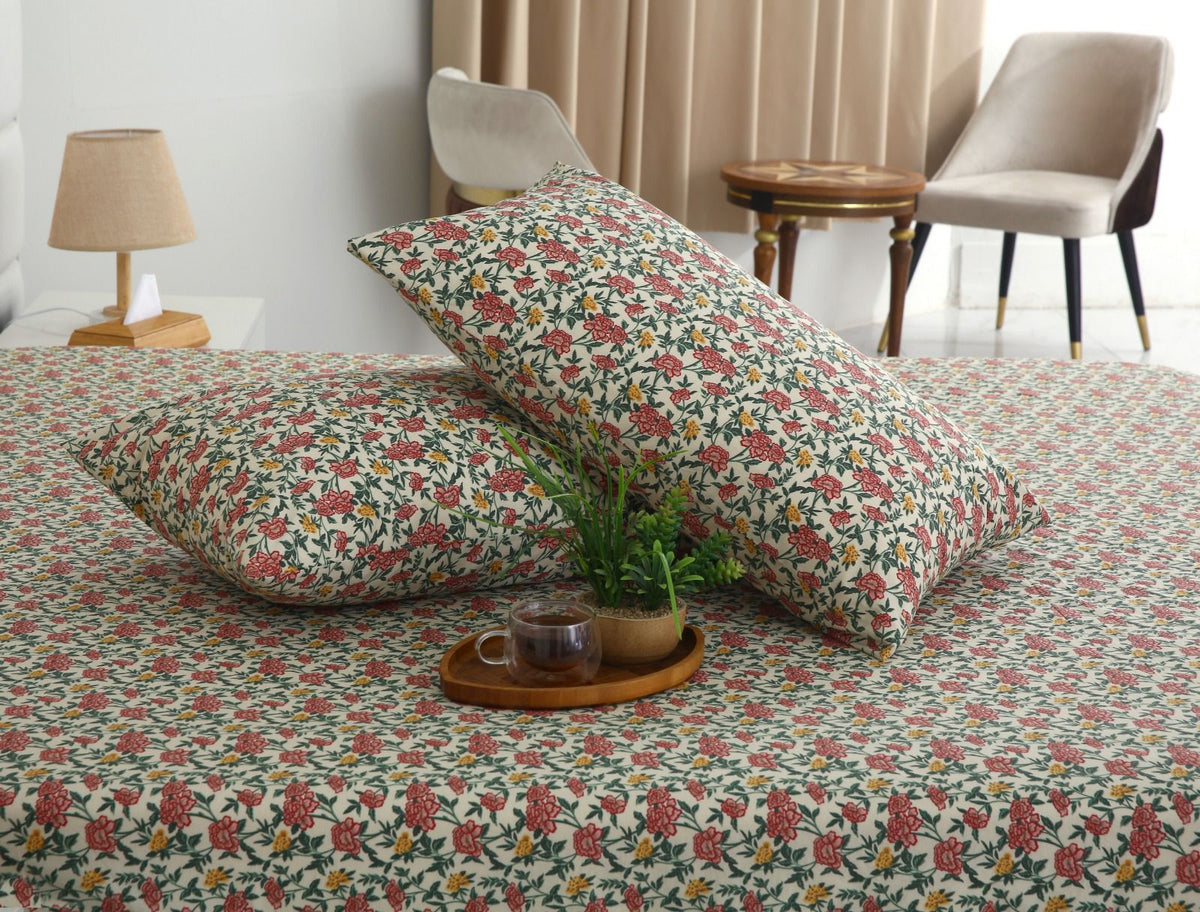 Percale Cotton Fitted Bed Sheet- Ivory Garden Fitted Sheets Apricot
