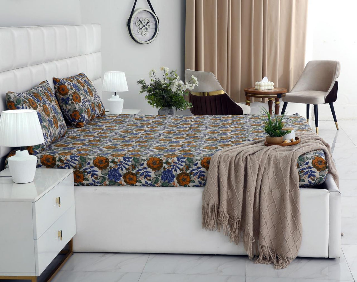 Percale Cotton Fitted Bed Sheet- Amber Azure Fitted Sheets Apricot