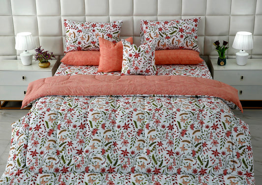 8 PCs Premium Winter Razai Set- Autumn Petals Comforters Apricot