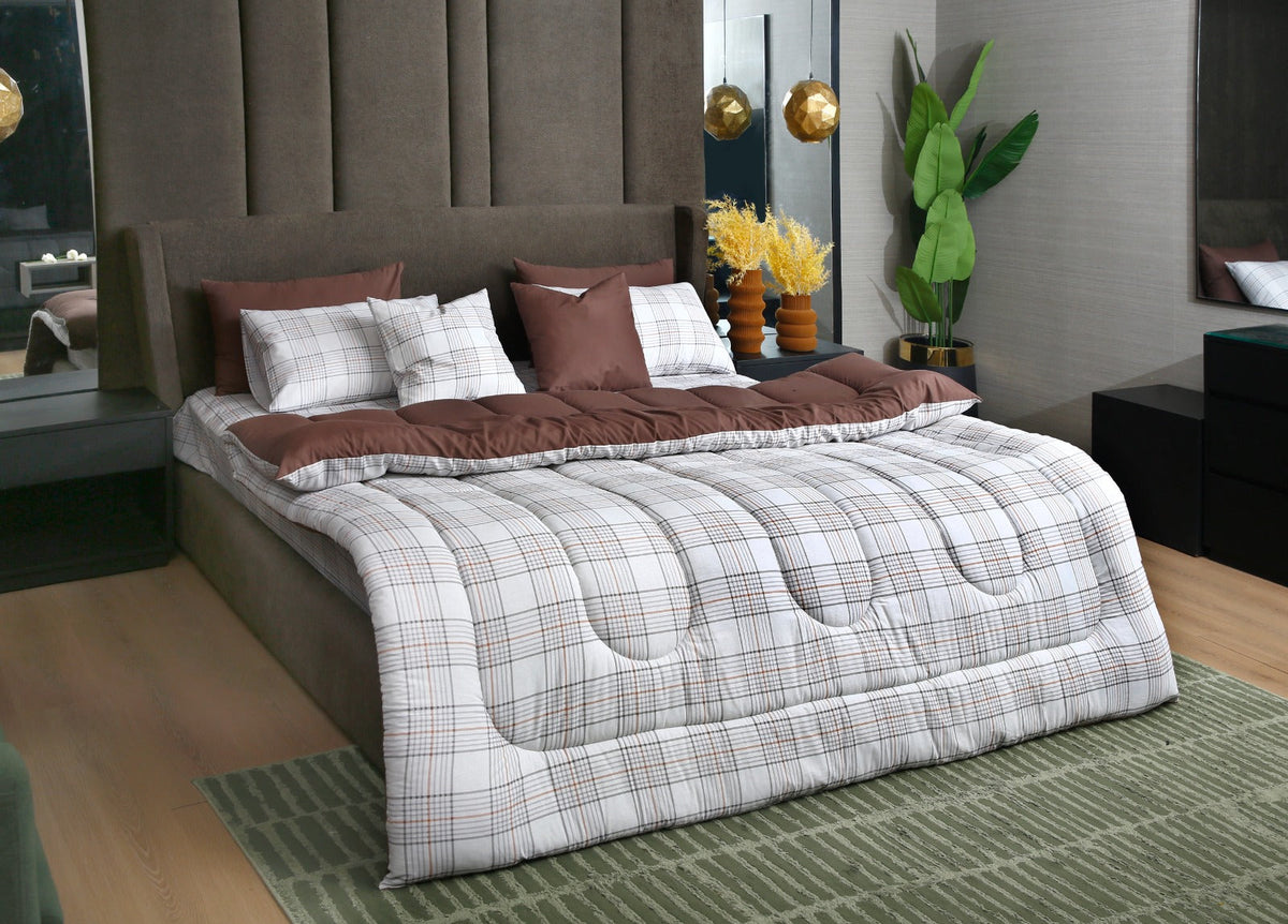 8 PCs Premium Winter Razai Set- Cocoa Check Comforters Apricot