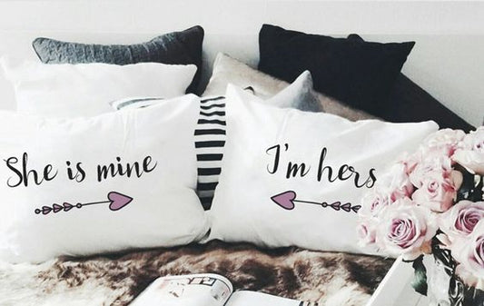 2 PCs Digital Printed Couple Pillow-Mine/Hers cushions Apricot