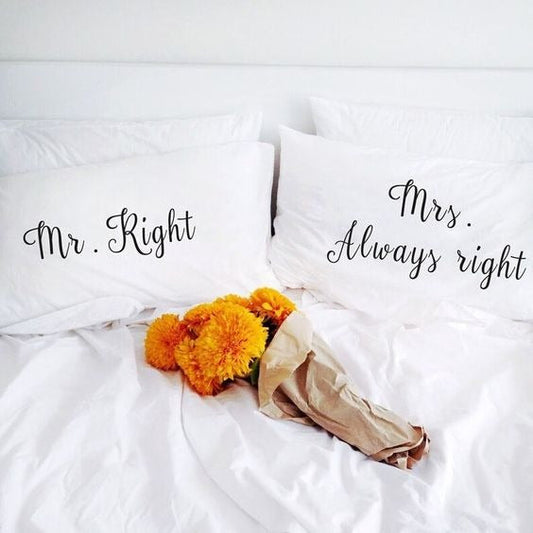 2 PCs Digital Printed Couple Pillow-Mr/Mrs Right cushions Apricot