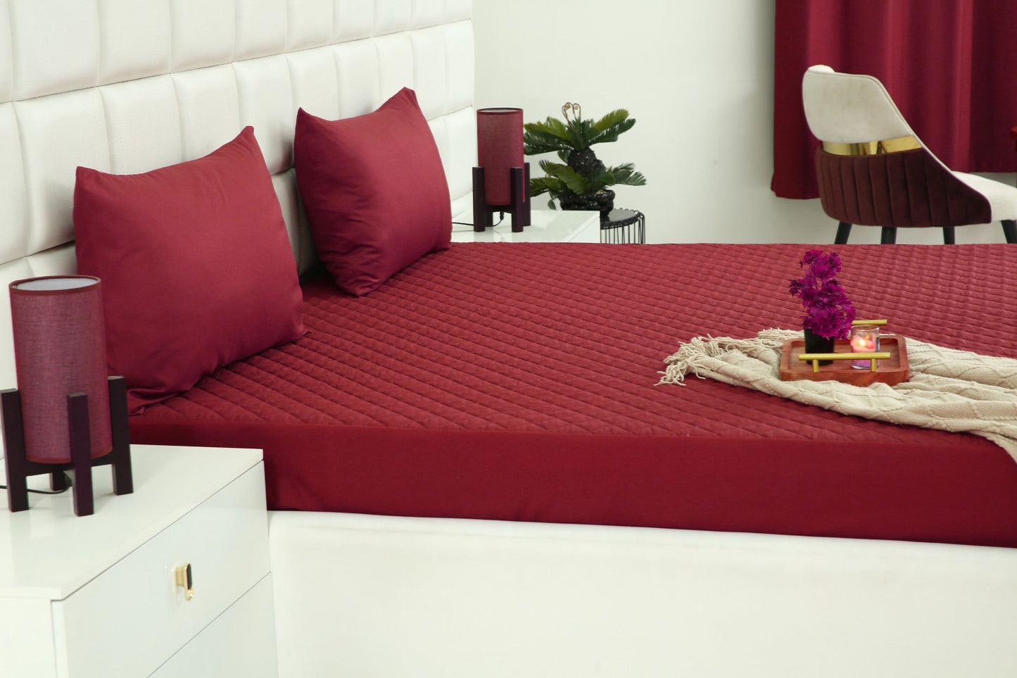 Quilted Waterproof Mattress Protector-Burgundy Protectors Apricot